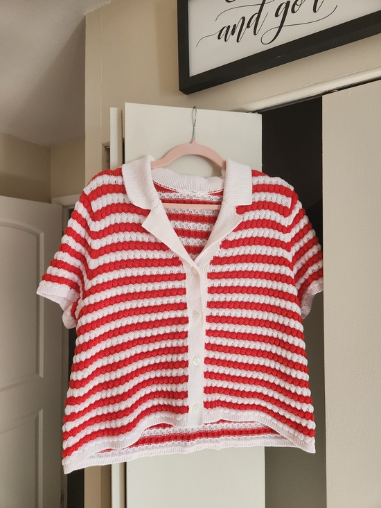 Old Navy Tops - Old Navy Womens Red and White Striped Knit Polo Sweater Size XL Crochet